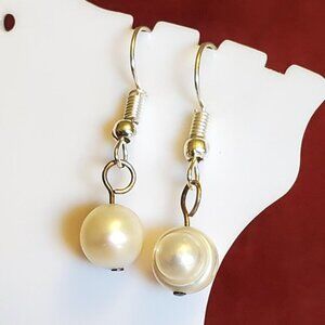 Silver Tone Hook White Pearl Dangle Earrings Dress